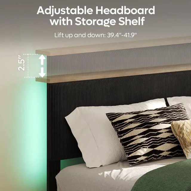Alt view image 5 of 7 - Bestier Queen Platform Bed with Adjustable Storage Headboard Shelf, LED Corduroy Upholstered Bed Frame, Black