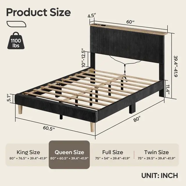 Alt view image 7 of 7 - Bestier Queen Platform Bed with Adjustable Storage Headboard Shelf, LED Corduroy Upholstered Bed Frame, Black