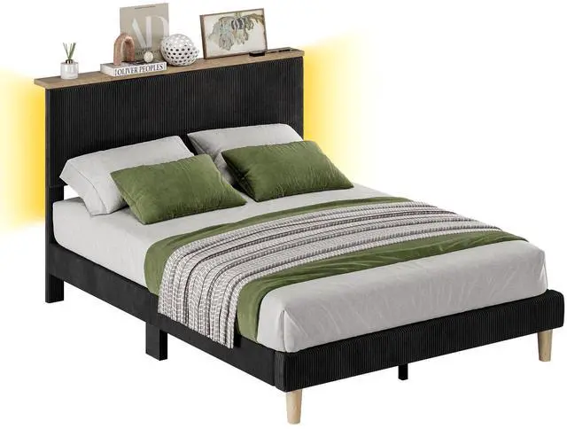 Main image of Bestier Queen Platform Bed with Adjustable Storage Headboard Shelf, LED Corduroy Upholstered Bed Frame, Black