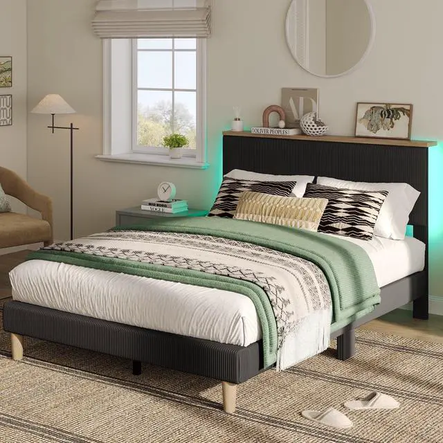 Alt view image 3 of 7 - Bestier Queen Platform Bed with Adjustable Storage Headboard Shelf, LED Corduroy Upholstered Bed Frame, Black