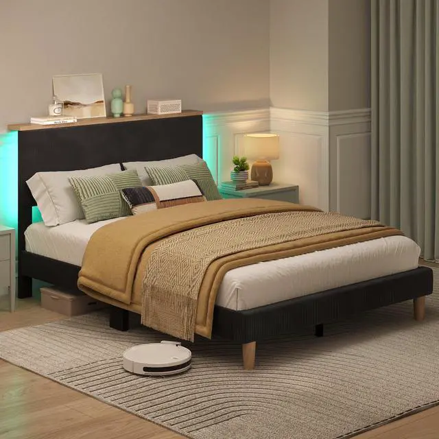 Alt view image 2 of 7 - Bestier Queen Platform Bed with Adjustable Storage Headboard Shelf, LED Corduroy Upholstered Bed Frame, Black