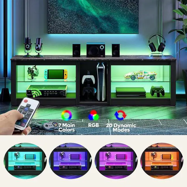 Alt view image 4 of 7 - Bestier TV Stand for 65+ inch TV, Gaming Entertainment Center for PS5, LED TV Cabinet with Glass Shelves for Living Room, Black Marble