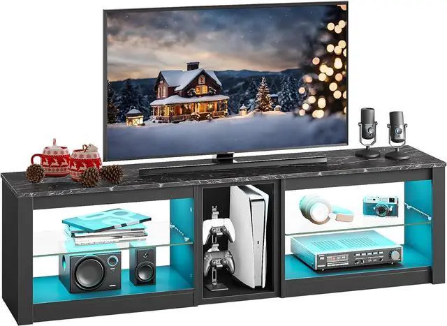 Main image of Bestier TV Stand for 65+ inch TV, Gaming Entertainment Center for PS5, LED TV Cabinet with Glass Shelves for Living Room, Black Marble