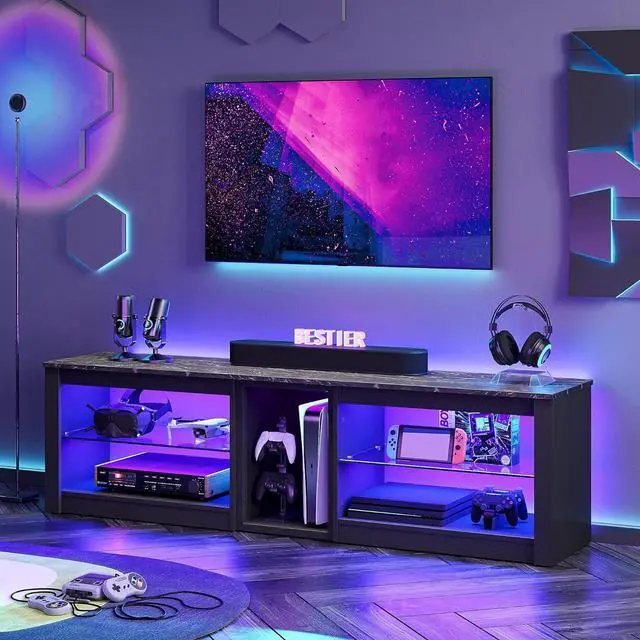 Alt view image 5 of 7 - Bestier TV Stand for 65+ inch TV, Gaming Entertainment Center for PS5, LED TV Cabinet with Glass Shelves for Living Room, Black Marble