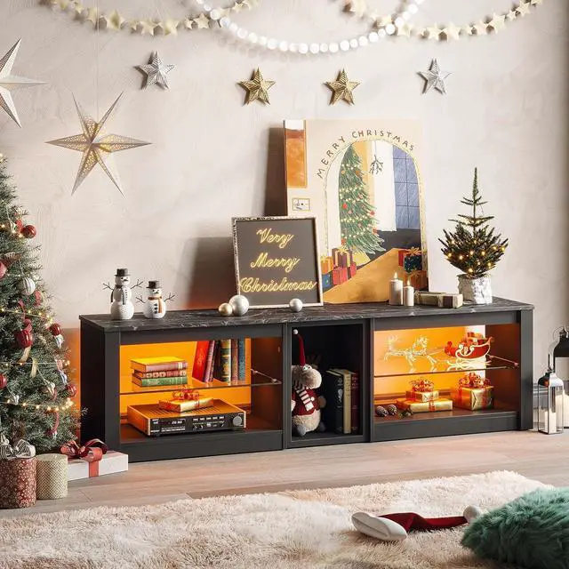 Alt view image 2 of 7 - Bestier TV Stand for 65+ inch TV, Gaming Entertainment Center for PS5, LED TV Cabinet with Glass Shelves for Living Room, Black Marble