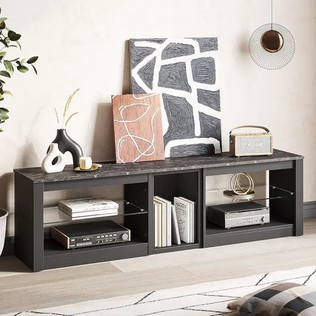 Alt view image 6 of 7 - Bestier TV Stand for 65+ inch TV, Gaming Entertainment Center for PS5, LED TV Cabinet with Glass Shelves for Living Room, Black Marble