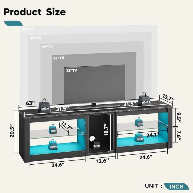 Alt view image 7 of 7 - Bestier TV Stand for 65+ inch TV, Gaming Entertainment Center for PS5, LED TV Cabinet with Glass Shelves for Living Room, Black Marble