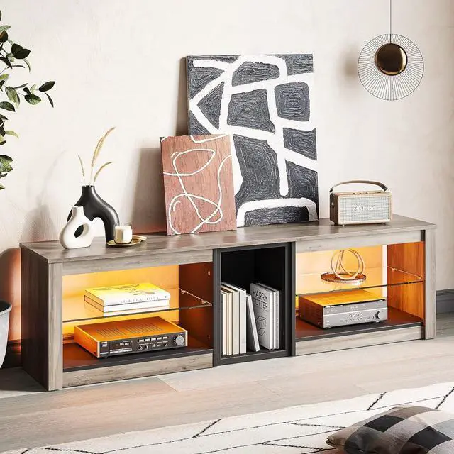 Alt view image 7 of 7 - Bestier TV Stand for 65+ inch TV, Gaming Entertainment Center for PS5, LED TV Cabinet with Glass Shelves for Living Room, Gray