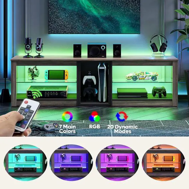 Alt view image 4 of 7 - Bestier TV Stand for 65+ inch TV, Gaming Entertainment Center for PS5, LED TV Cabinet with Glass Shelves for Living Room, Gray