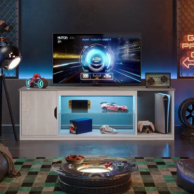 Alt view image 7 of 7 - Bestier 58" LED TV Stand for PS5 Gaming Entertainment Center for 60/65 inch TV, Wash White