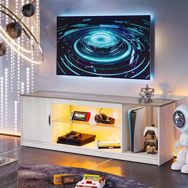 Alt view image 2 of 7 - Bestier 58" LED TV Stand for PS5 Gaming Entertainment Center for 60/65 inch TV, Wash White