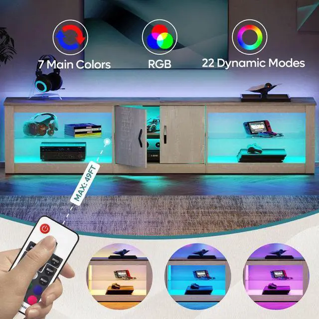 Alt view image 4 of 7 - Bestier 80" TV Stand for 85", TV Stand with LED Lights & Two Storage Cabinets White Wash