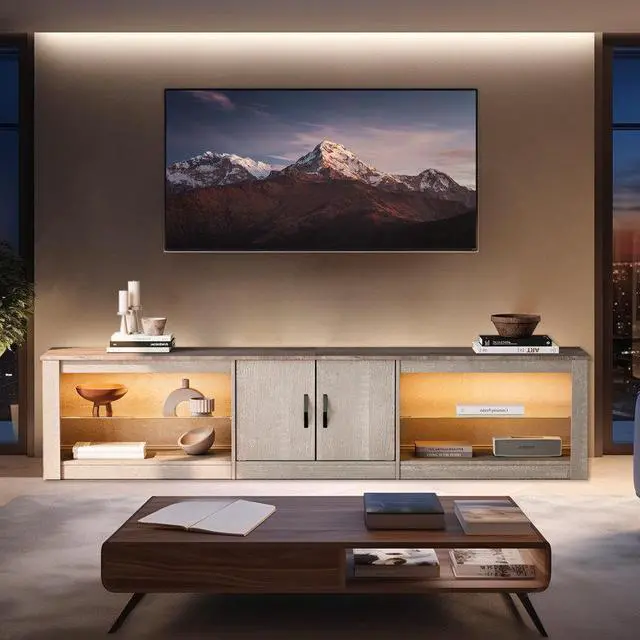 Alt view image 6 of 7 - Bestier 80" TV Stand for 85", TV Stand with LED Lights & Two Storage Cabinets White Wash