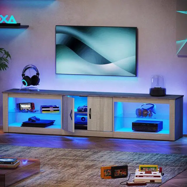 Alt view image 2 of 7 - Bestier 80" TV Stand for 85", TV Stand with LED Lights & Two Storage Cabinets White Wash