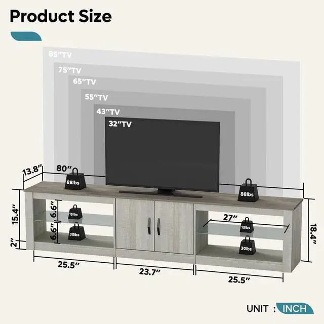 Alt view image 7 of 7 - Bestier 80" TV Stand for 85", TV Stand with LED Lights & Two Storage Cabinets White Wash