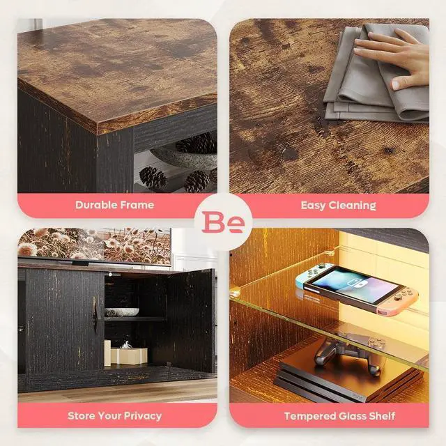 Alt view image 6 of 7 - Bestier 70 Inch LED TV Stand for 75 Inch TV Large Entertainment Center Gaming with Adjustable Glass Shelves,  Rustic Brown & Golden Black