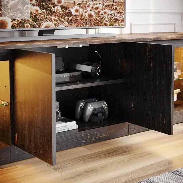 Alt view image 5 of 7 - Bestier 70 Inch LED TV Stand for 75 Inch TV Large Entertainment Center Gaming with Adjustable Glass Shelves,  Rustic Brown & Golden Black