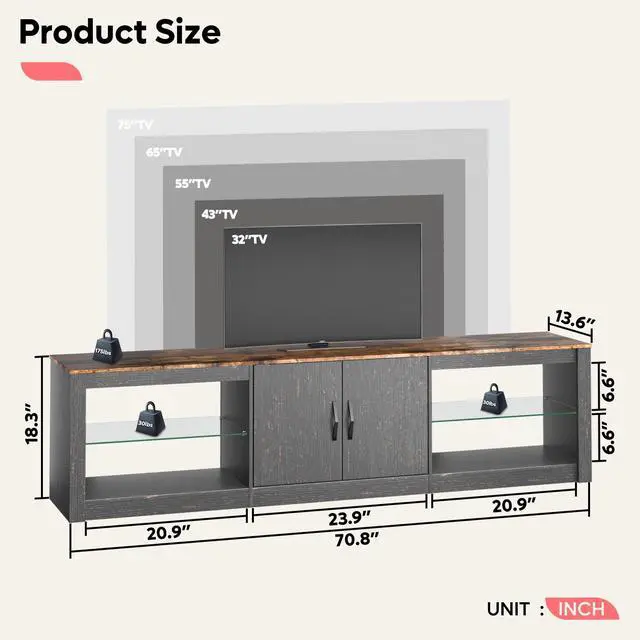 Alt view image 7 of 7 - Bestier 70 Inch LED TV Stand for 75 Inch TV Large Entertainment Center Gaming with Adjustable Glass Shelves,  Rustic Brown & Golden Black