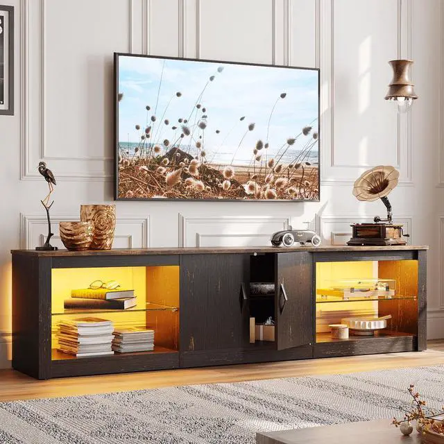 Alt view image 2 of 7 - Bestier 70 Inch LED TV Stand for 75 Inch TV Large Entertainment Center Gaming with Adjustable Glass Shelves,  Rustic Brown & Golden Black