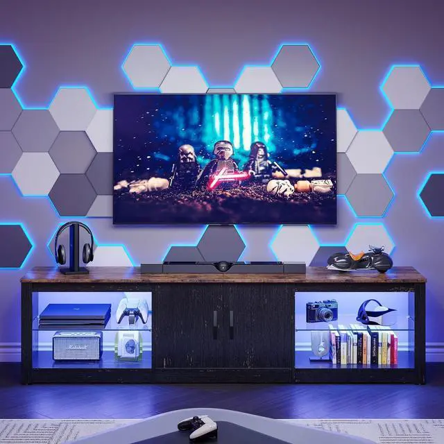 Alt view image 3 of 7 - Bestier 70 Inch LED TV Stand for 75 Inch TV Large Entertainment Center Gaming with Adjustable Glass Shelves,  Rustic Brown & Golden Black