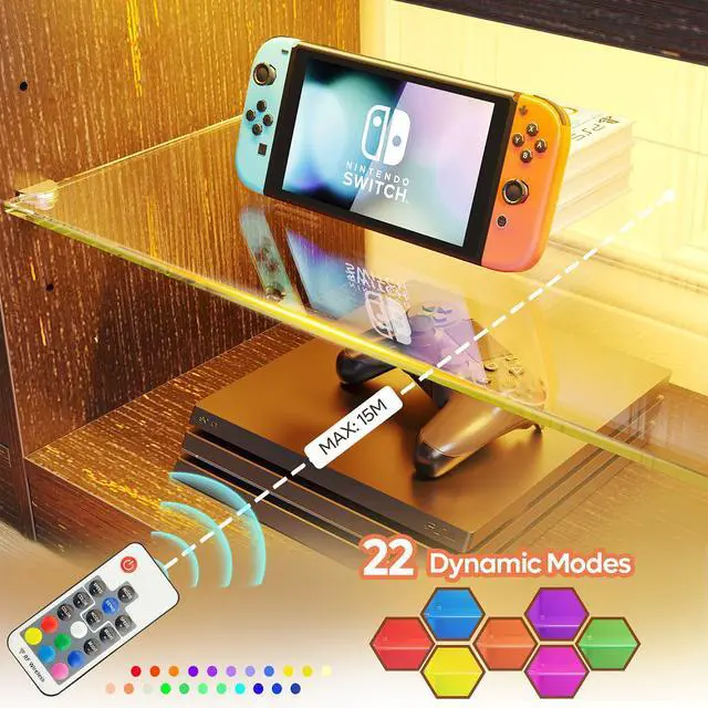 Alt view image 4 of 7 - Bestier 70 Inch LED TV Stand for 75 Inch TV Large Entertainment Center Gaming with Adjustable Glass Shelves,  Rustic Brown & Golden Black