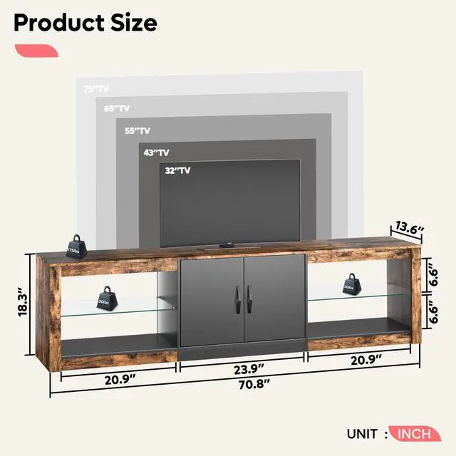Alt view image 7 of 7 - Bestier 70 Inch LED TV Stand for 75 Inch TV Large Entertainment Center Gaming with Adjustable Glass Shelves, Black Rustic Brown