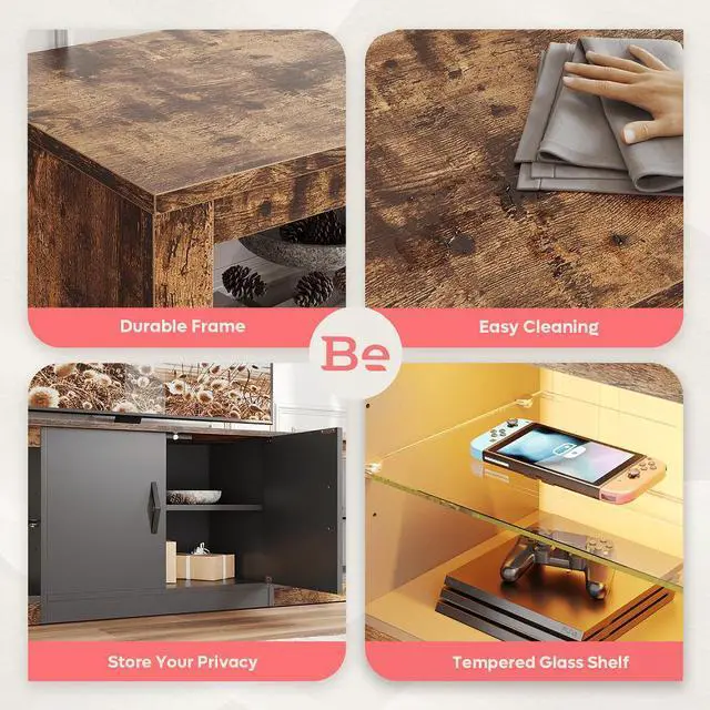 Alt view image 6 of 7 - Bestier 70 Inch LED TV Stand for 75 Inch TV Large Entertainment Center Gaming with Adjustable Glass Shelves, Black Rustic Brown