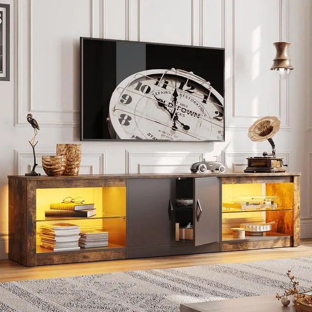 Alt view image 3 of 7 - Bestier 70 Inch LED TV Stand for 75 Inch TV Large Entertainment Center Gaming with Adjustable Glass Shelves, Black Rustic Brown