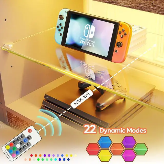 Alt view image 4 of 7 - Bestier 70 Inch LED TV Stand for 75 Inch TV Large Entertainment Center Gaming with Adjustable Glass Shelves, Black Rustic Brown