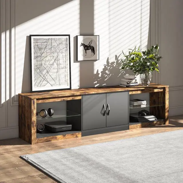 Alt view image 2 of 7 - Bestier 70 Inch LED TV Stand for 75 Inch TV Large Entertainment Center Gaming with Adjustable Glass Shelves, Black Rustic Brown