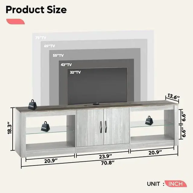 Alt view image 7 of 7 - Bestier 70 Inch LED TV Stand for 75 Inch TV Large Entertainment Center Gaming with Adjustable Glass Shelves, Black Rustic Brown Wash White