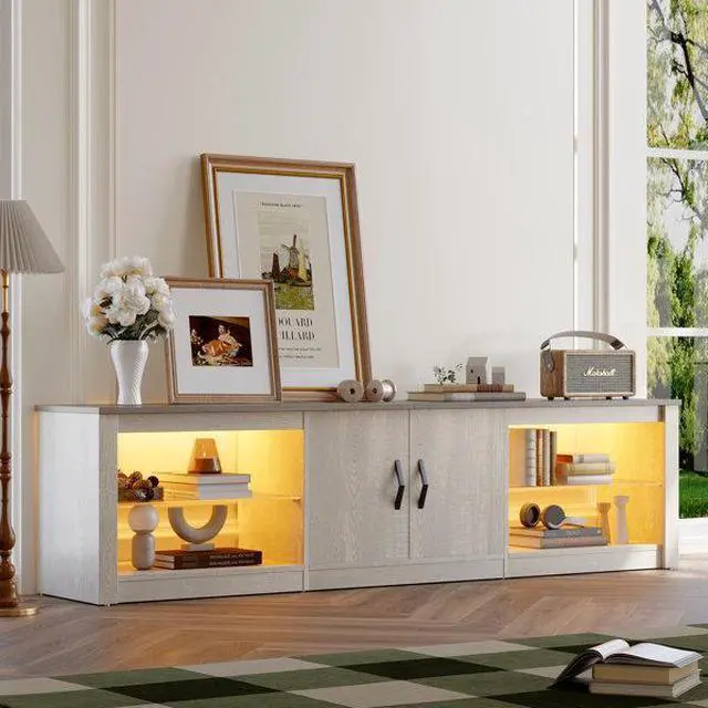 Alt view image 2 of 7 - Bestier 70 Inch LED TV Stand for 75 Inch TV Large Entertainment Center Gaming with Adjustable Glass Shelves, Black Rustic Brown Wash White