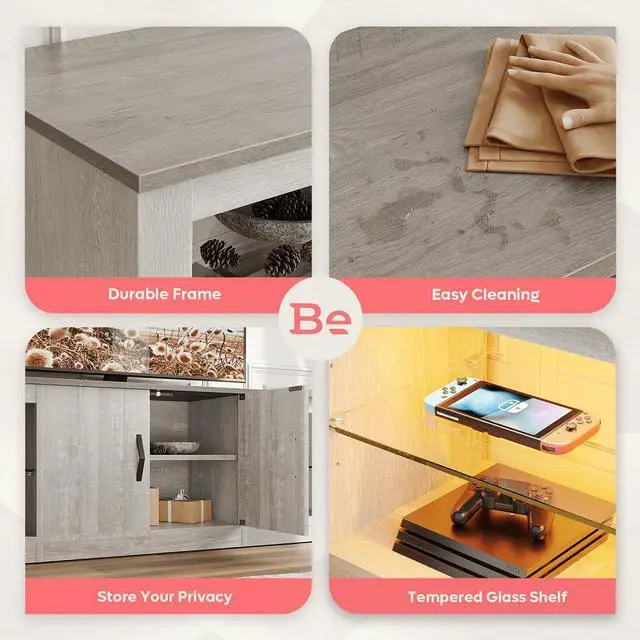 Alt view image 5 of 7 - Bestier 70 Inch LED TV Stand for 75 Inch TV Large Entertainment Center Gaming with Adjustable Glass Shelves, Black Rustic Brown Wash White