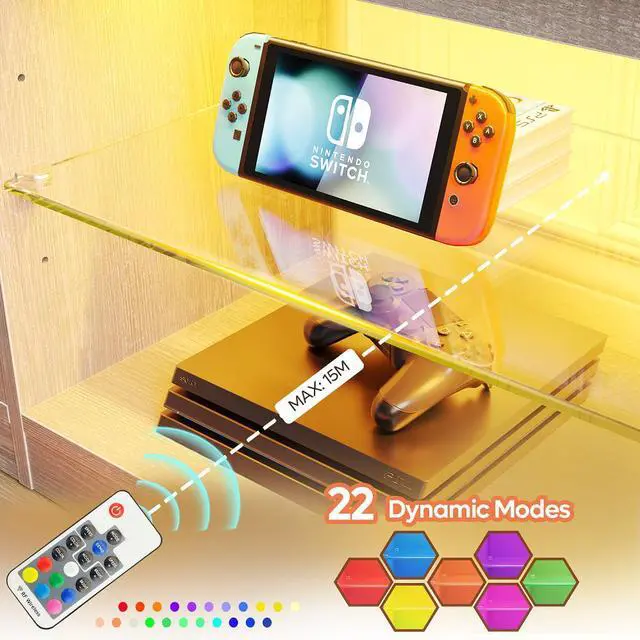 Alt view image 6 of 7 - Bestier 70 Inch LED TV Stand for 75 Inch TV Large Entertainment Center Gaming with Adjustable Glass Shelves, Black Rustic Brown Wash White