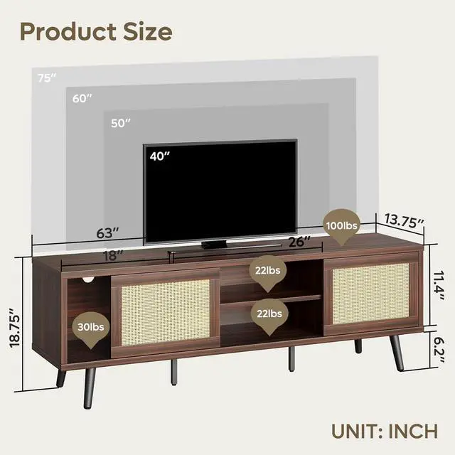 Alt view image 7 of 7 - Bestier Rattan TV Stand for 75" TV, Boho Style, Sliding Doors&2 Tier Storage Shelves, Walnut