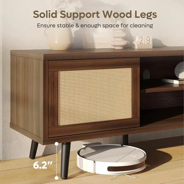 Alt view image 6 of 7 - Bestier Rattan TV Stand for 75" TV, Boho Style, Sliding Doors&2 Tier Storage Shelves, Walnut