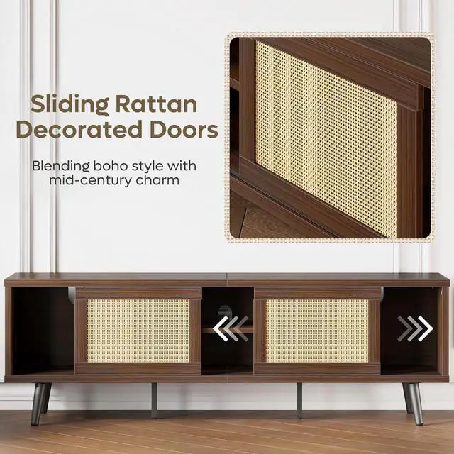 Alt view image 5 of 7 - Bestier Rattan TV Stand for 75" TV, Boho Style, Sliding Doors&2 Tier Storage Shelves, Walnut