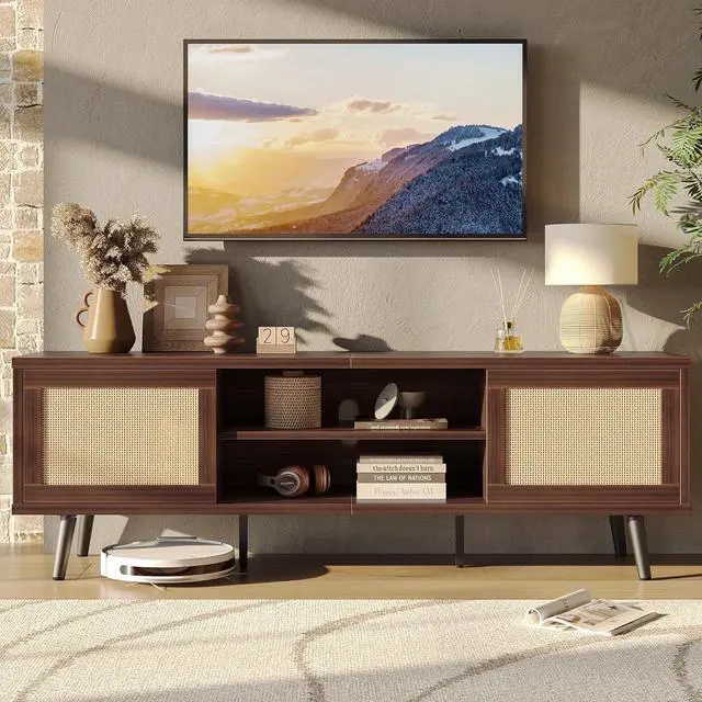 Alt view image 3 of 7 - Bestier Rattan TV Stand for 75" TV, Boho Style, Sliding Doors&2 Tier Storage Shelves, Walnut