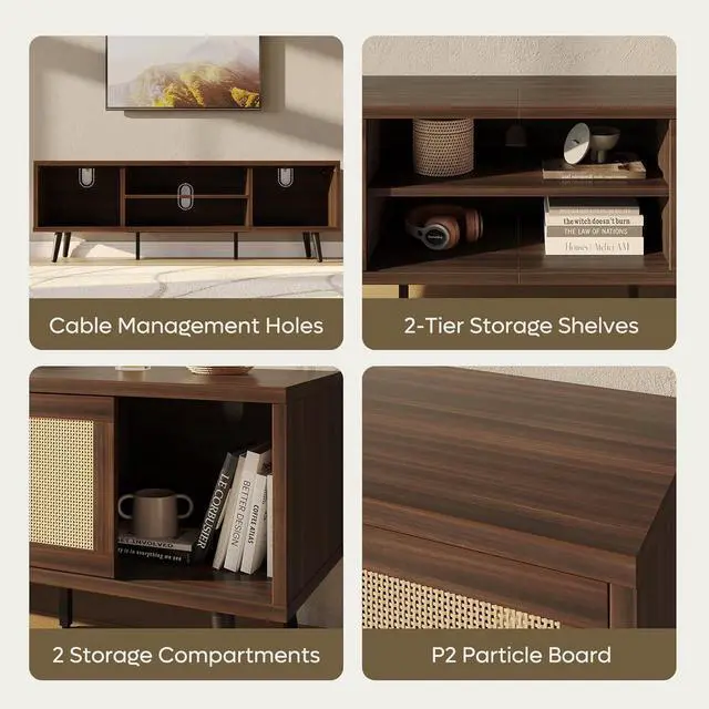 Alt view image 4 of 7 - Bestier Rattan TV Stand for 75" TV, Boho Style, Sliding Doors&2 Tier Storage Shelves, Walnut