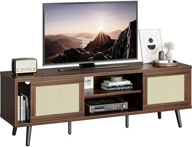 Main image of Bestier Rattan TV Stand for 75" TV, Boho Style, Sliding Doors&2 Tier Storage Shelves, Walnut