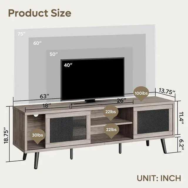 Alt view image 6 of 7 - Bestier Rattan TV Stand for 75" TV, Boho Style, Sliding Doors&2 Tier Storage Shelves, Grey