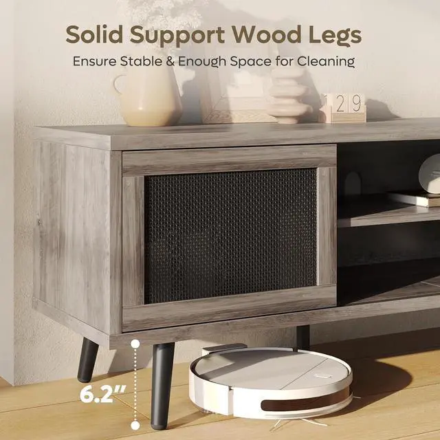 Alt view image 4 of 7 - Bestier Rattan TV Stand for 75" TV, Boho Style, Sliding Doors&2 Tier Storage Shelves, Grey