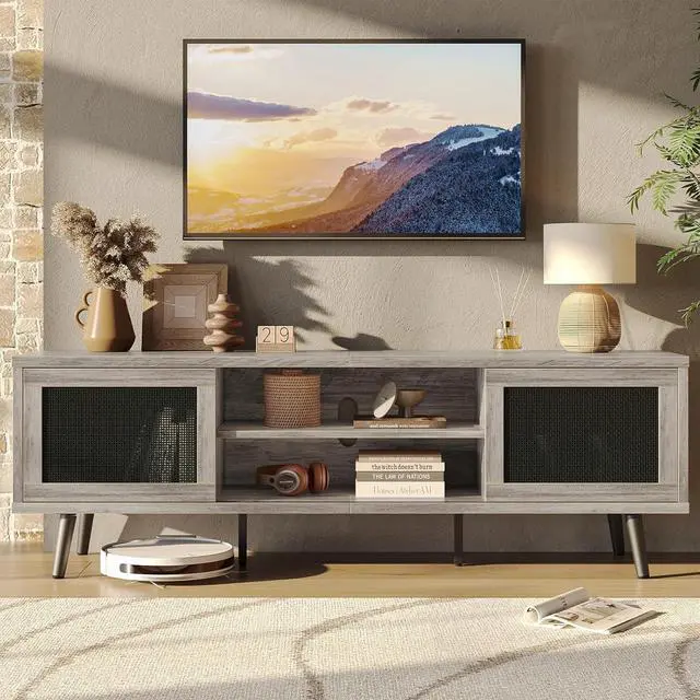 Alt view image 7 of 7 - Bestier Rattan TV Stand for 75" TV, Boho Style, Sliding Doors&2 Tier Storage Shelves, Grey