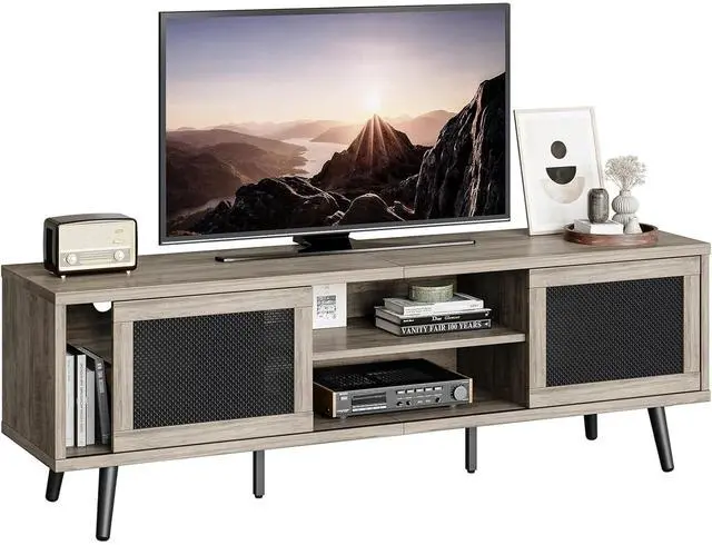 Main image of Bestier Rattan TV Stand for 75" TV, Boho Style, Sliding Doors&2 Tier Storage Shelves, Grey