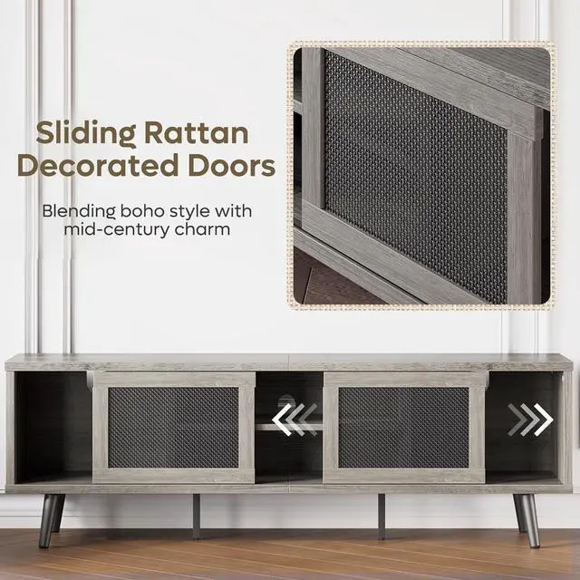Alt view image 3 of 7 - Bestier Rattan TV Stand for 75" TV, Boho Style, Sliding Doors&2 Tier Storage Shelves, Grey
