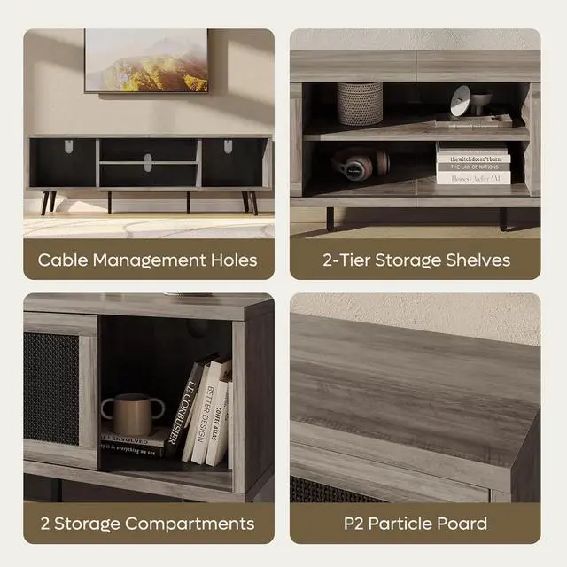 Alt view image 5 of 7 - Bestier Rattan TV Stand for 75" TV, Boho Style, Sliding Doors&2 Tier Storage Shelves, Grey