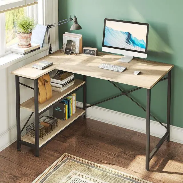 Alt view image 7 of 7 - Bestier Small L Shaped Desk with Shelves 47 Inch Reversible Corner Computer Desk Writing Gaming Storage Table for Home Office Small Space, Oak