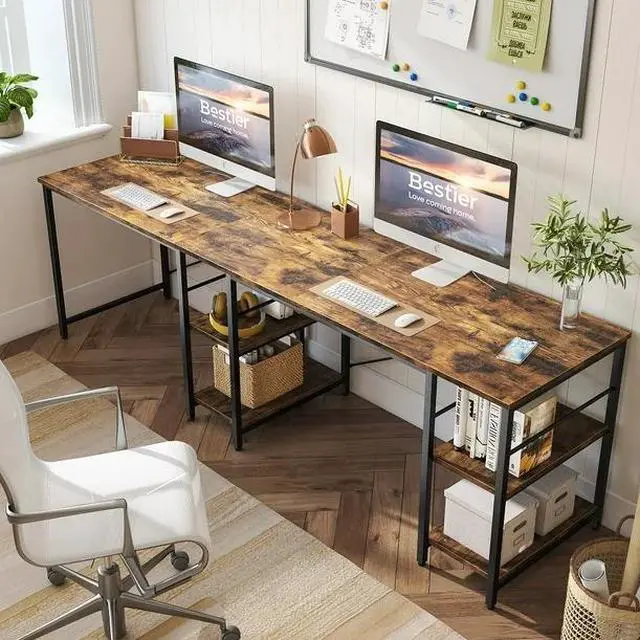 Alt view image 2 of 7 - Bestier 95.2 L Shaped Desk, Reversible Corner Computer Desk or 2 Person Long Table with Adjustable Shelves, Large Writing Study Workstation with 3 Cable Holes Rustic Brown