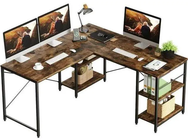 Main image of Bestier 95.2 L Shaped Desk, Reversible Corner Computer Desk or 2 Person Long Table with Adjustable Shelves, Large Writing Study Workstation with 3 Cable Holes Rustic Brown