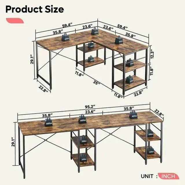 Alt view image 7 of 7 - Bestier 95.2 L Shaped Desk, Reversible Corner Computer Desk or 2 Person Long Table with Adjustable Shelves, Large Writing Study Workstation with 3 Cable Holes Rustic Brown